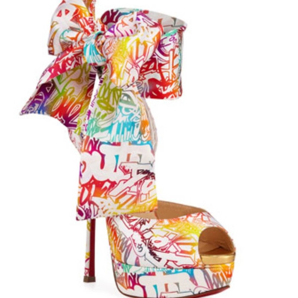 Christian Louboutin Multicolor Graffiti Bow Peep-Toe Platform Heels